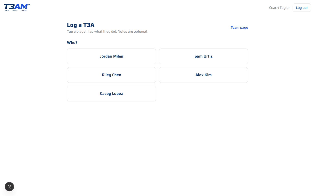 Log a T3A screen showing player selection and category buttons