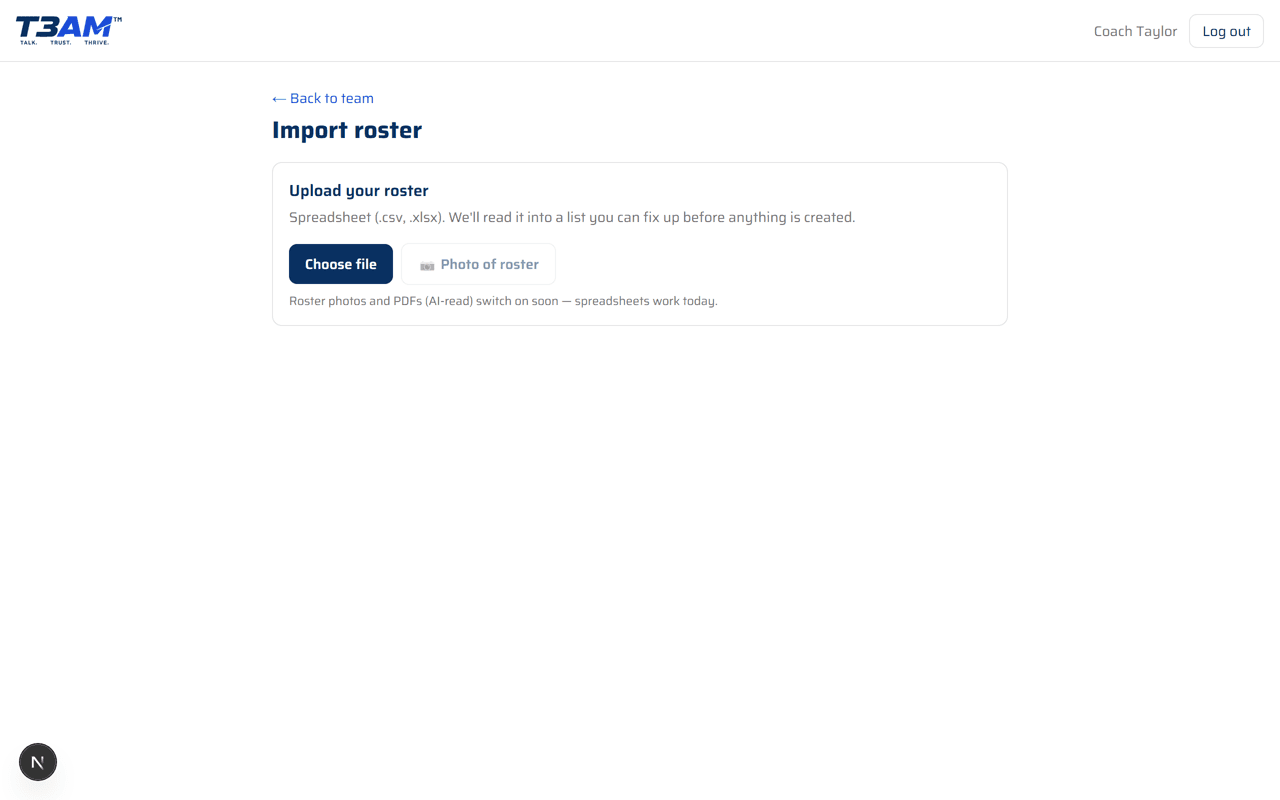 Import roster screen with a spreadsheet upload option