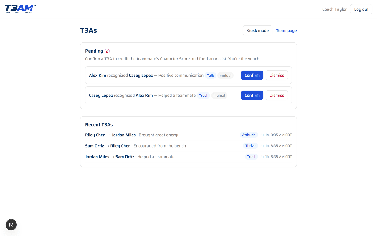 Peer T3A giving screen, a player recognizing a teammate