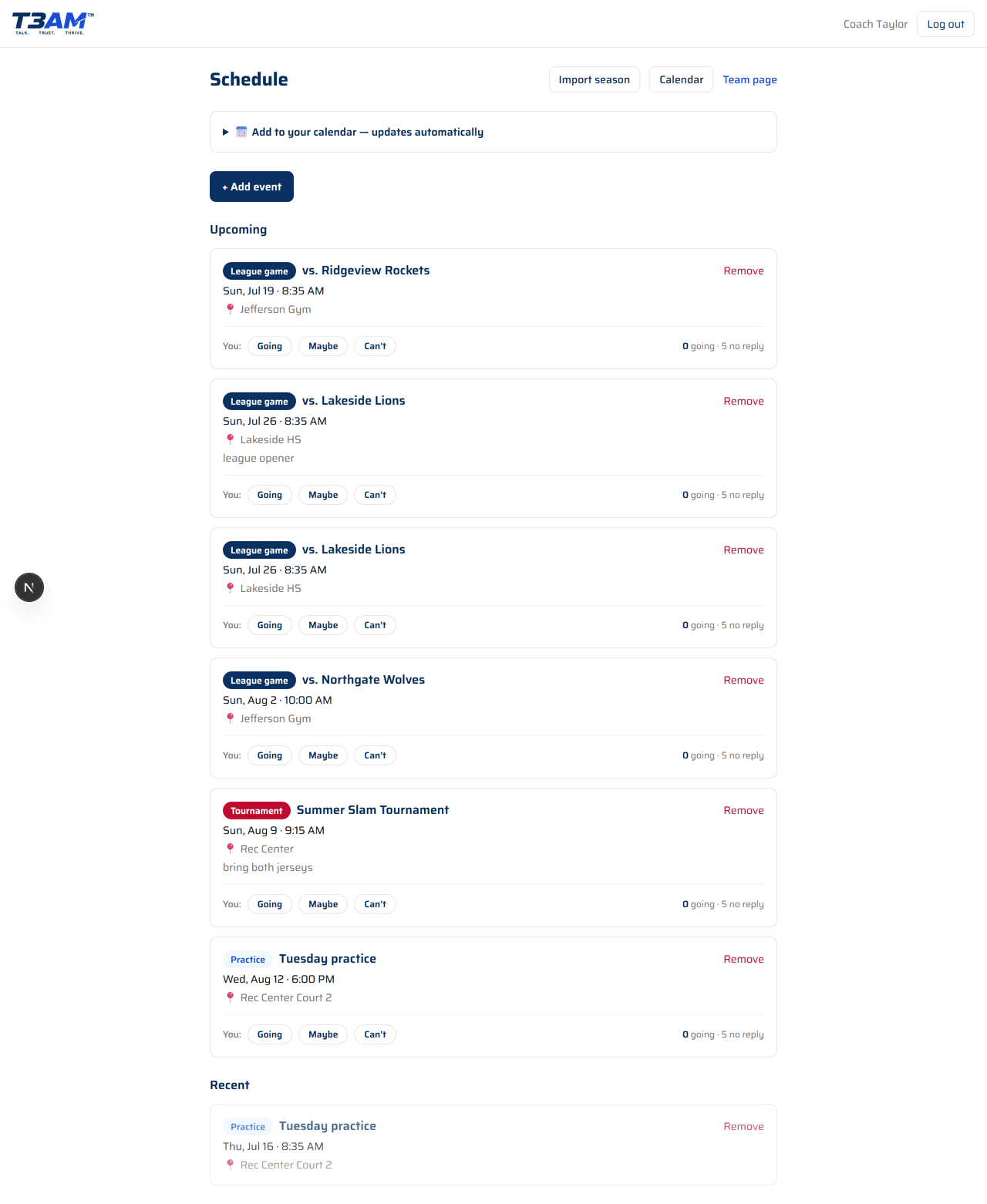 Team schedule screen listing upcoming practices and games with locations
